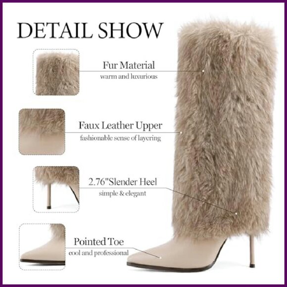 Knee High Faux Fur Boots Pointed Toe Stiletto Heels Winter Fashion - Picture 6 of 8